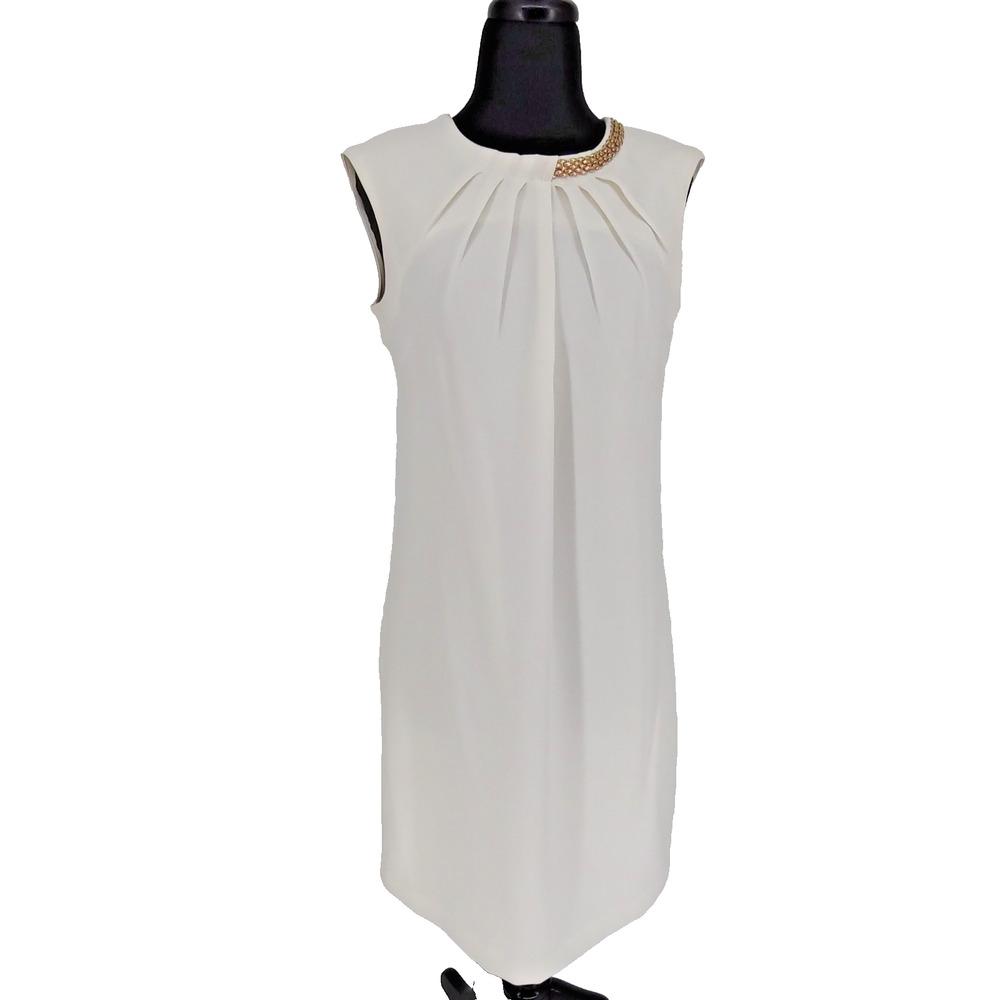 Julian Taylor Ivory Pleated Sheath Dress Size 8 Lined Expose Zip Modest Necklace